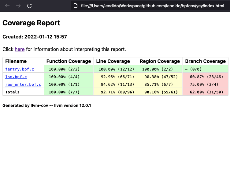 HTML report of source-base code coverage of a few eBPF programs